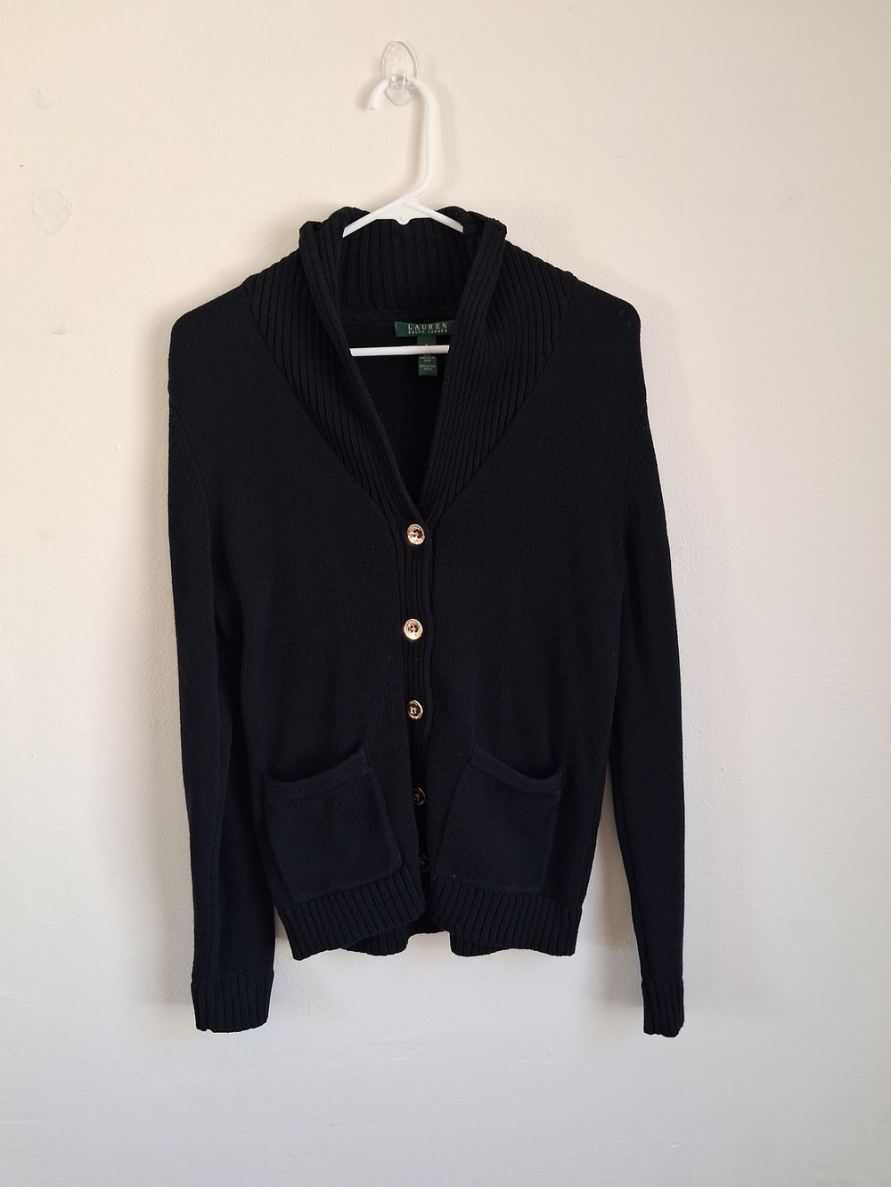 Ralph Lauren Black Shawl Collar Cardigan with Gold Buttons Small